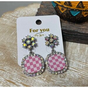 Pink Checkerboard Flower AB Crystal Dangle Earrings For You By Jen